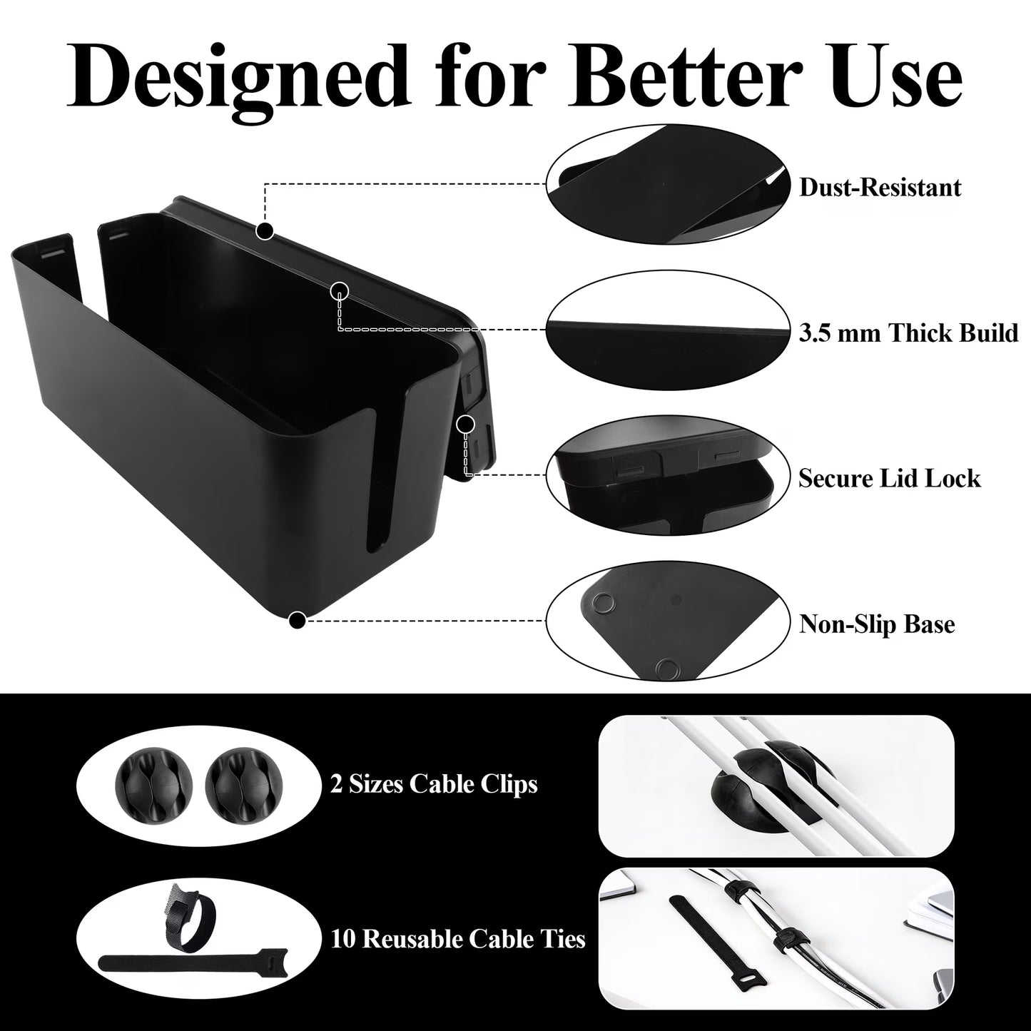 Aovky Large Cable Management Box Set with Cable Clips & Ties (2 Pack)